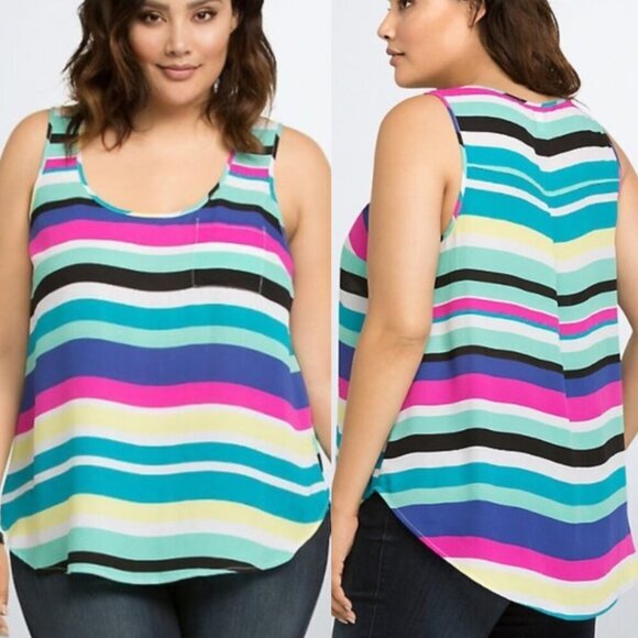 TORRID 1 Plus Size Striped Georgette Pocket Tank Top Blue White Pink Summer 1X - Picture 1 of 16